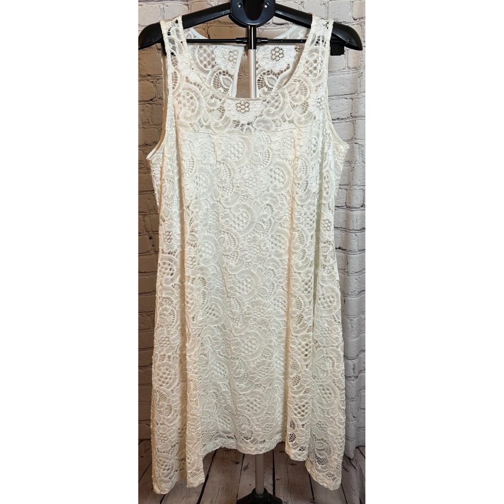 Signature by Robbie Bee 1X Ivory Lace Sleeveless Handkerchief Hem Shift Dress 1X